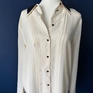 EQUIPMENT FEMME Classic Tuxedo Shirt | Ivory with Black Collar | Size XS